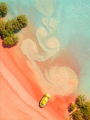 An Aerial Drone Photo of the Broome Hovercraft, Roebuck Bay, Western Australia. Available as a Fine Art Framed Photo Print.