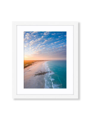 An Aerial Drone Photo of Sunrise at Cable Beach in Broome Western Australia. Available to buy as a fine art framed photo Print.