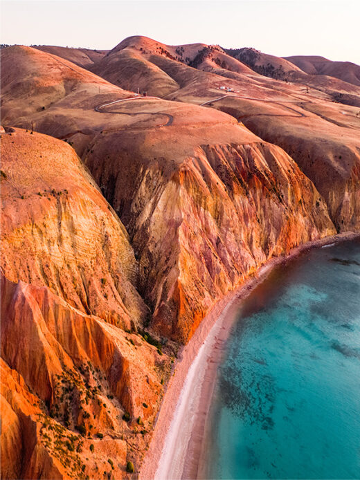 Sunset aerial drone photo over the cliffs at Sellicks Beach on the Fleureau Peninsula