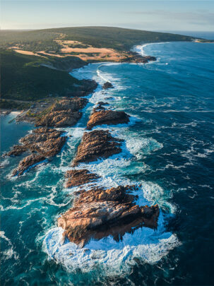 Canal Rocks in Yallingup Margaret River at sunrise from a drone available as a fine art framed print or canvas.