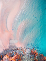 Entrance Point Pink Beach at sunrise from a drone in Broome Western Australia available as a fine art framed or canvas print