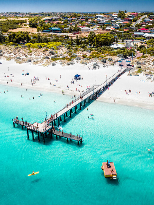 A summers day at Coogee Beach Jetty in South Fremantle taken from drone available for purchase as a framed or canvas print