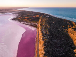 An aerial drone sunrise photo at Lake Gregory in Kalbarri Pink Lake available as a fine art framed or canvas print