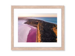 An Aerial Drone Photo at Sunrise of the Hutt Lagoon at Port Gregory. Available as a fine art framed photo print.