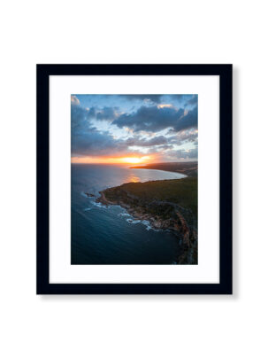 An Aerial Drone Photo of Sunrise at Bunker Bay in Margaret River. Available as a fine art framed photo print.